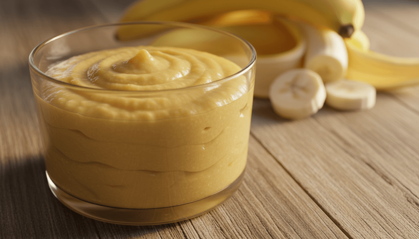 Smooth banana puree in a clear glass container