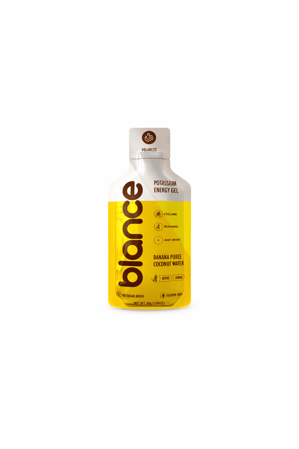 Yellow and white Blance Potassium Energy Gel pouch, banana puree and coconut water flavor.